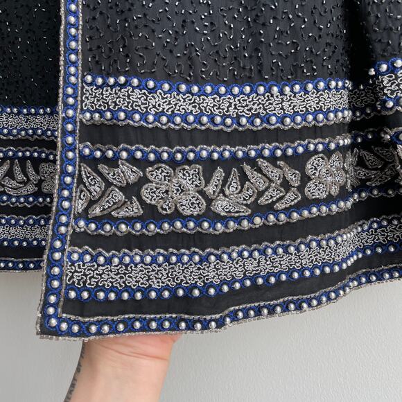 90s Vintage Beaded 100% Silk Evening Jacket Size S Black Blue Party Glam - Picture 9 of 15